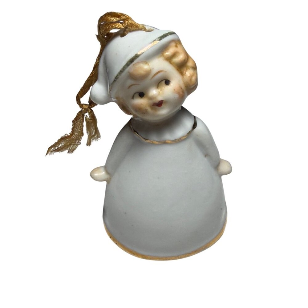 Vintage Porcelain Girl Bell With Gold Trim & Hanging Cord - Picture 1 of 4